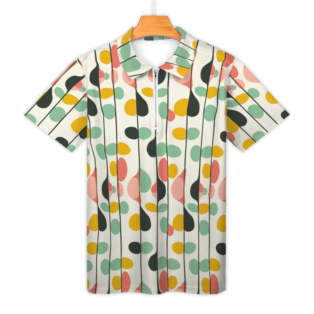 MCM Retro Polo Shirt- Mid Century Geo Design  Slim Fit Zipper Polo for men