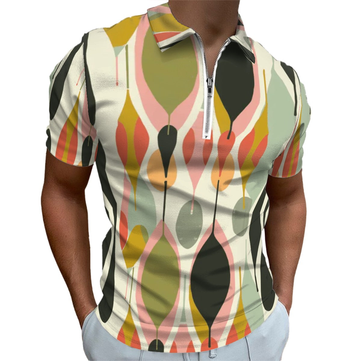 MCM Retro Polo Shirt- Mid Century Geo Design  Slim Fit Zipper Polo for men