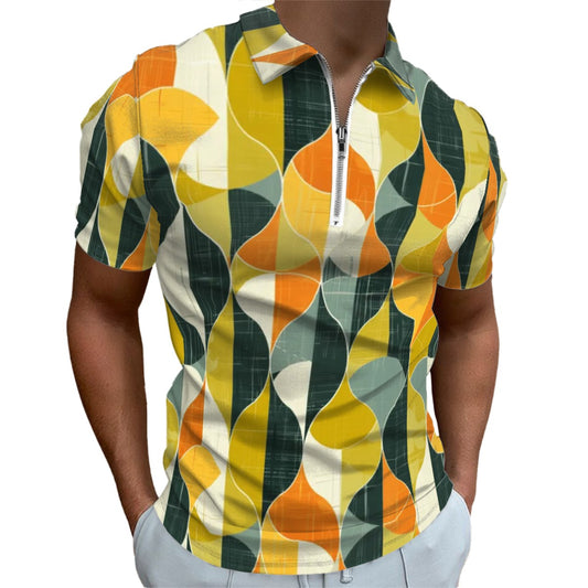 MCM Retro Polo Shirt- Mid Century Geo Design  Slim Fit Zipper Polo for men