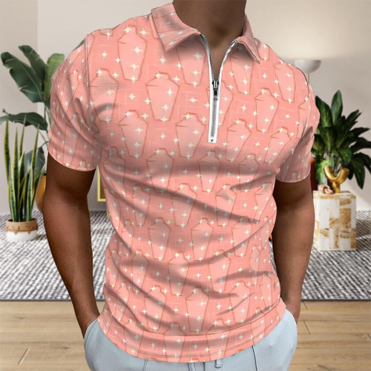 MCM Retro Polo Shirt- Atomic  Martini Cocktail Design  Slim Fit Zipper Polo for men