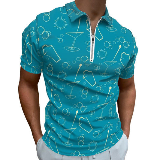 MCM Retro Polo Shirt- Mid Century Martini Design, Slim Fit Zipper Polo for men