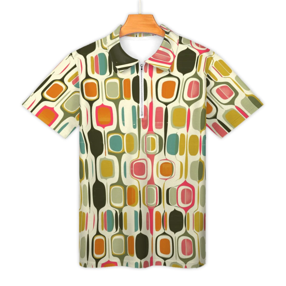 MCM Retro Polo Shirt- Mid Century Geo Design  Slim Fit Zipper Polo for men