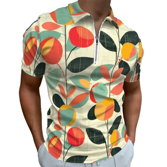 MCM Retro Polo Shirt- Mid Century Geo Design  Slim Fit Zipper Polo for men