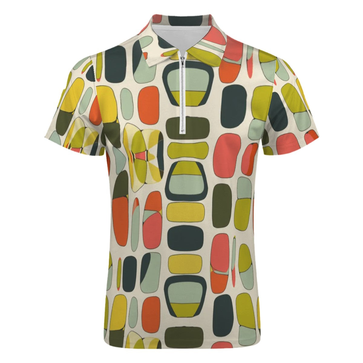 MCM Retro Polo Shirt- Mid Century Geo Design, Slim Fit Zipper Polo for men