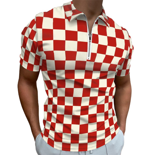 MCM Retro Polo Shirt- Mid Century Checker Design, Slim Fit Zipper Polo for men