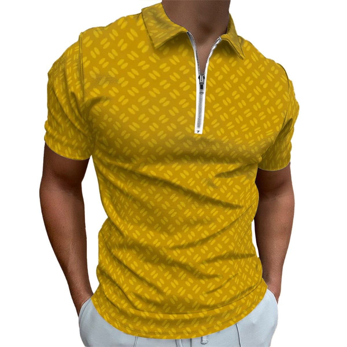 MCM Retro Polo Shirt- Mid Century Geo Design, Slim Fit Zipper Polo for men