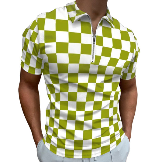 MCM Retro Polo Shirt- Mid Century Checker Design  Slim Fit Zipper Polo for men