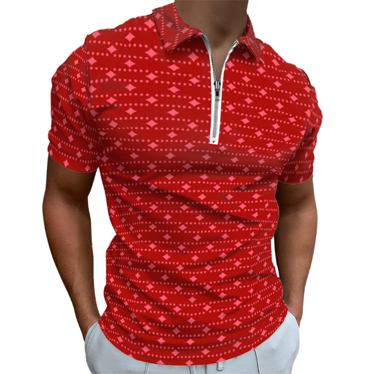 MCM Retro Polo Shirt- Mid Century Geo Design, Slim Fit Zipper Polo for men