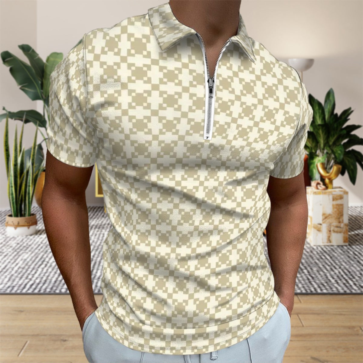 MCM Retro Polo Shirt- Mid Century Geo Design  Slim Fit Zipper Polo for men