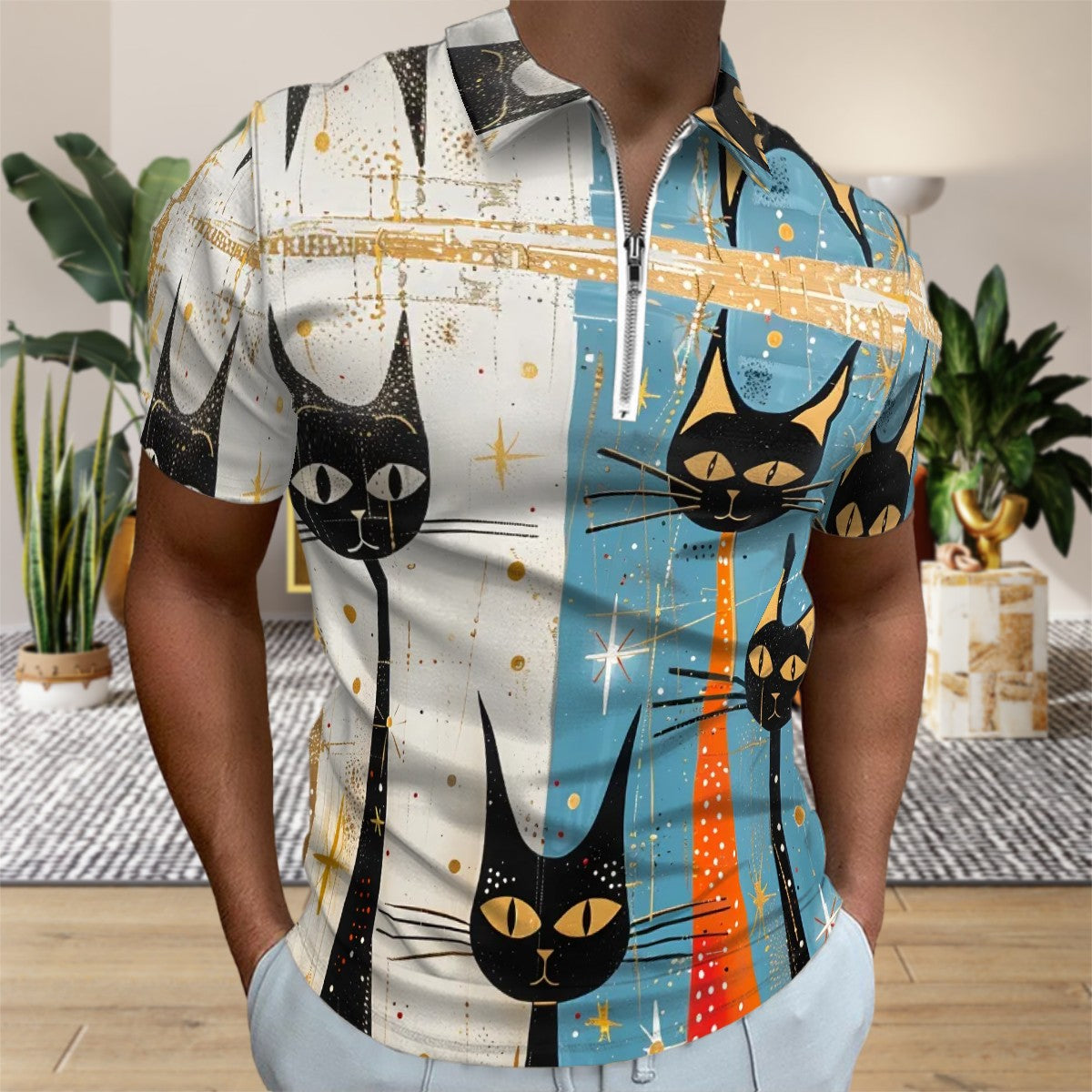 MCM Retro Polo Shirt- Mid Century MID MOD Design, Slim Fit Zipper Polo for men