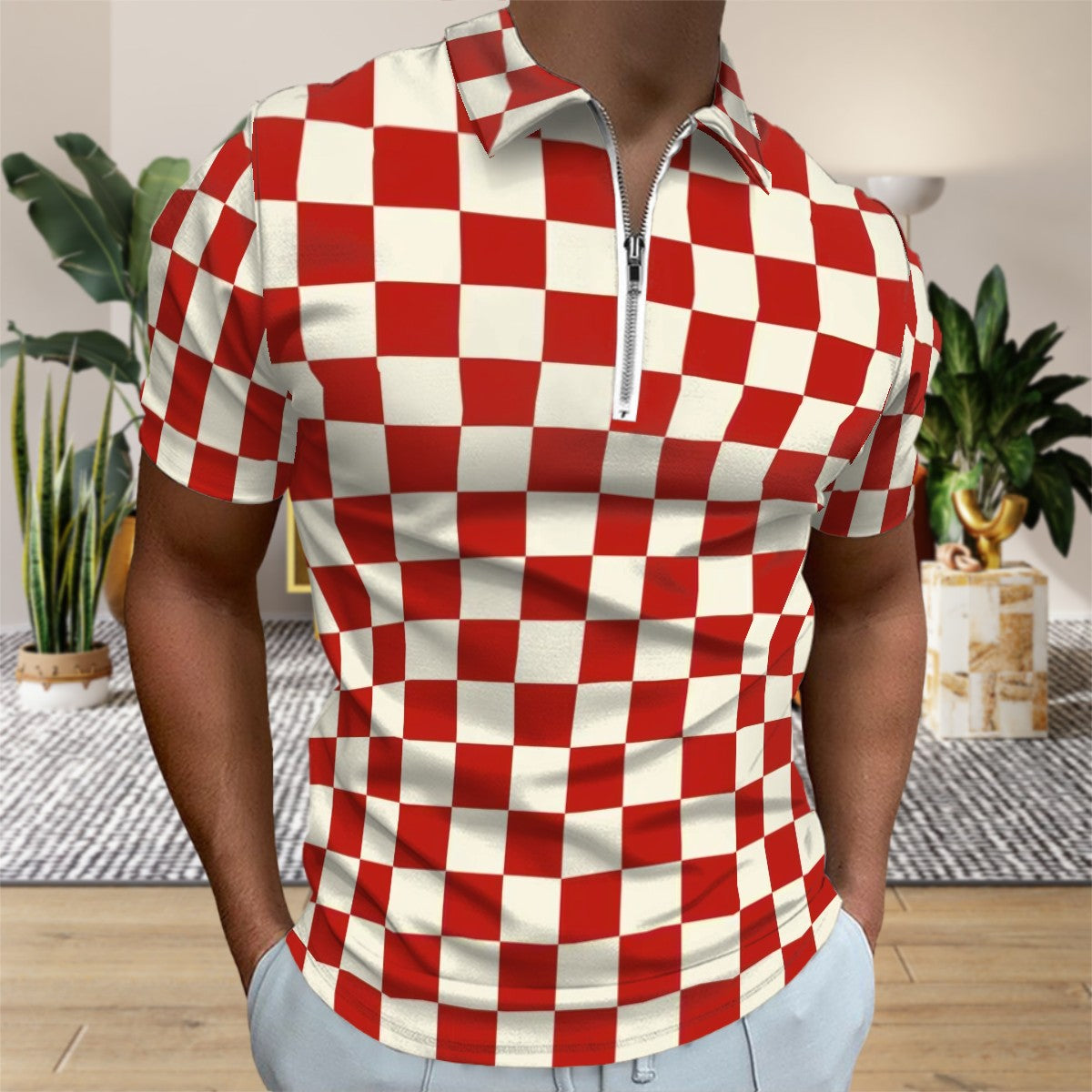 MCM Retro Polo Shirt- Mid Century Checker Design, Slim Fit Zipper Polo for men