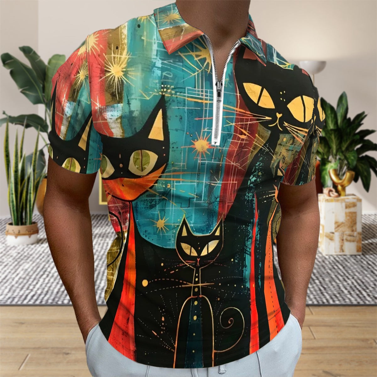 MCM Retro Polo Shirt- Mid Century MID MOD Design, Slim Fit Zipper Polo for men