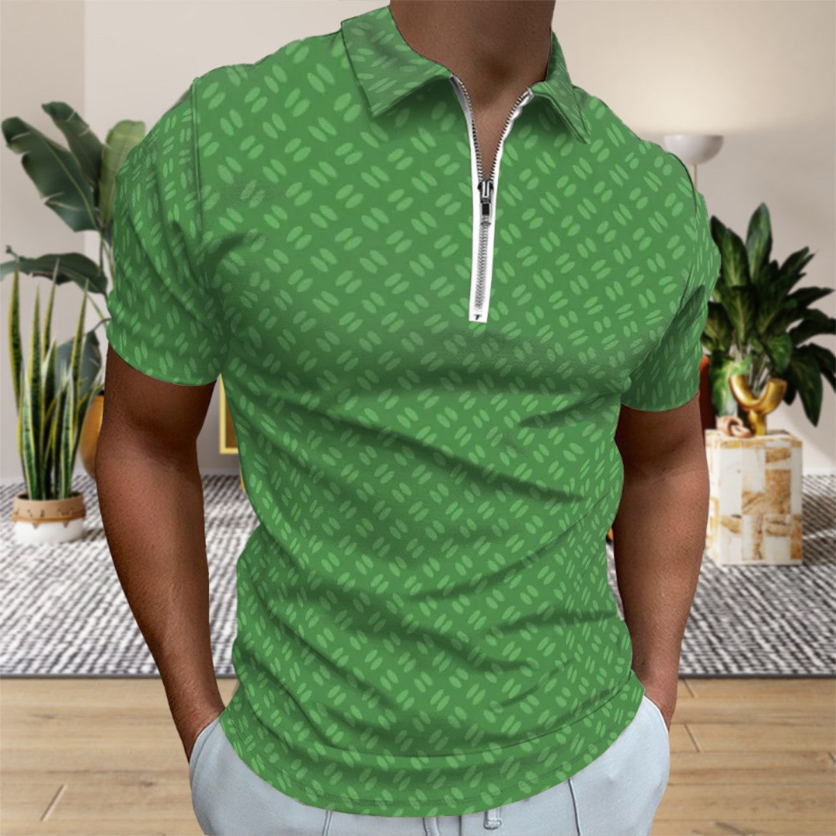 MCM Retro Polo Shirt- Mid Century Geo Design  Slim Fit Zipper Polo for men