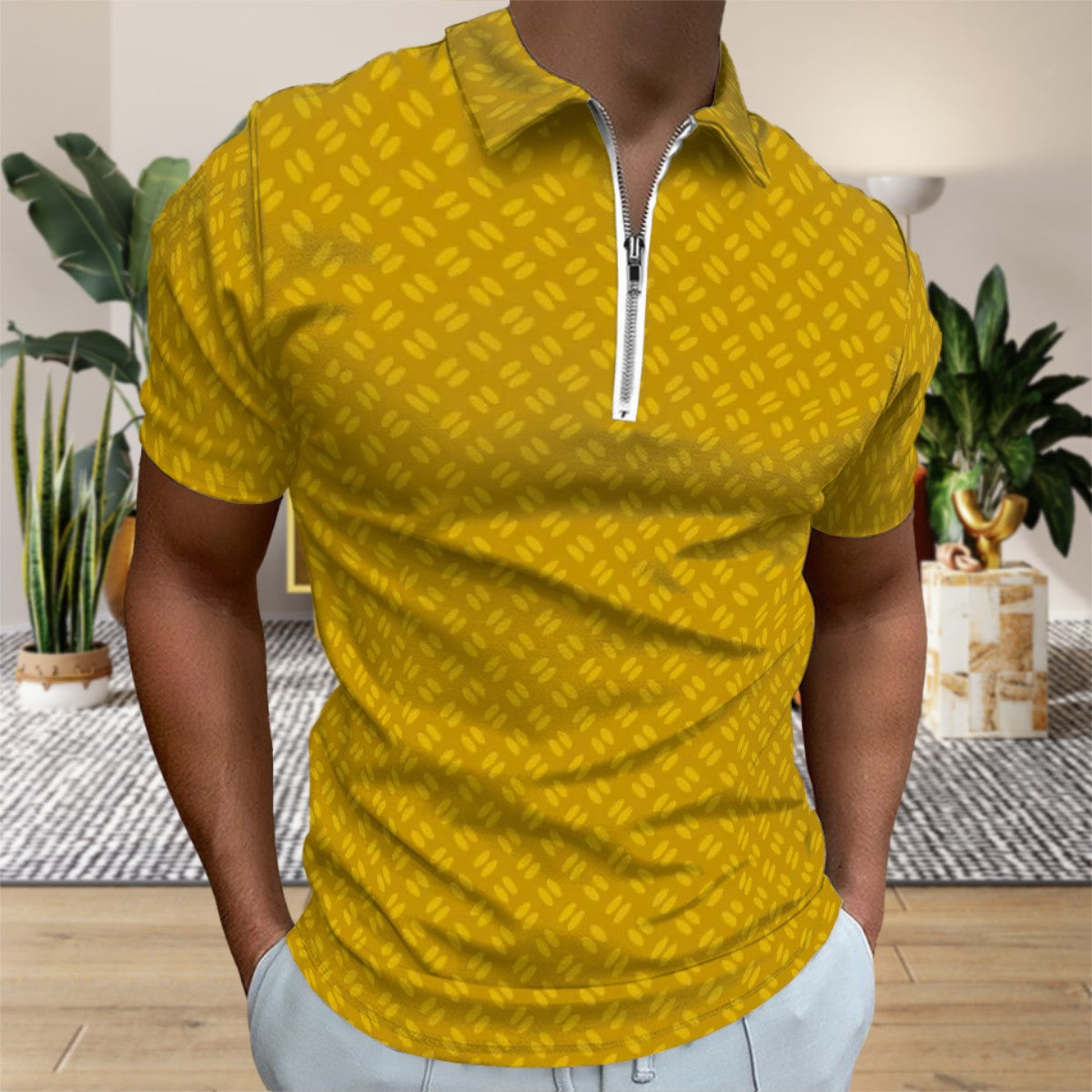 MCM Retro Polo Shirt- Mid Century Geo Design, Slim Fit Zipper Polo for men