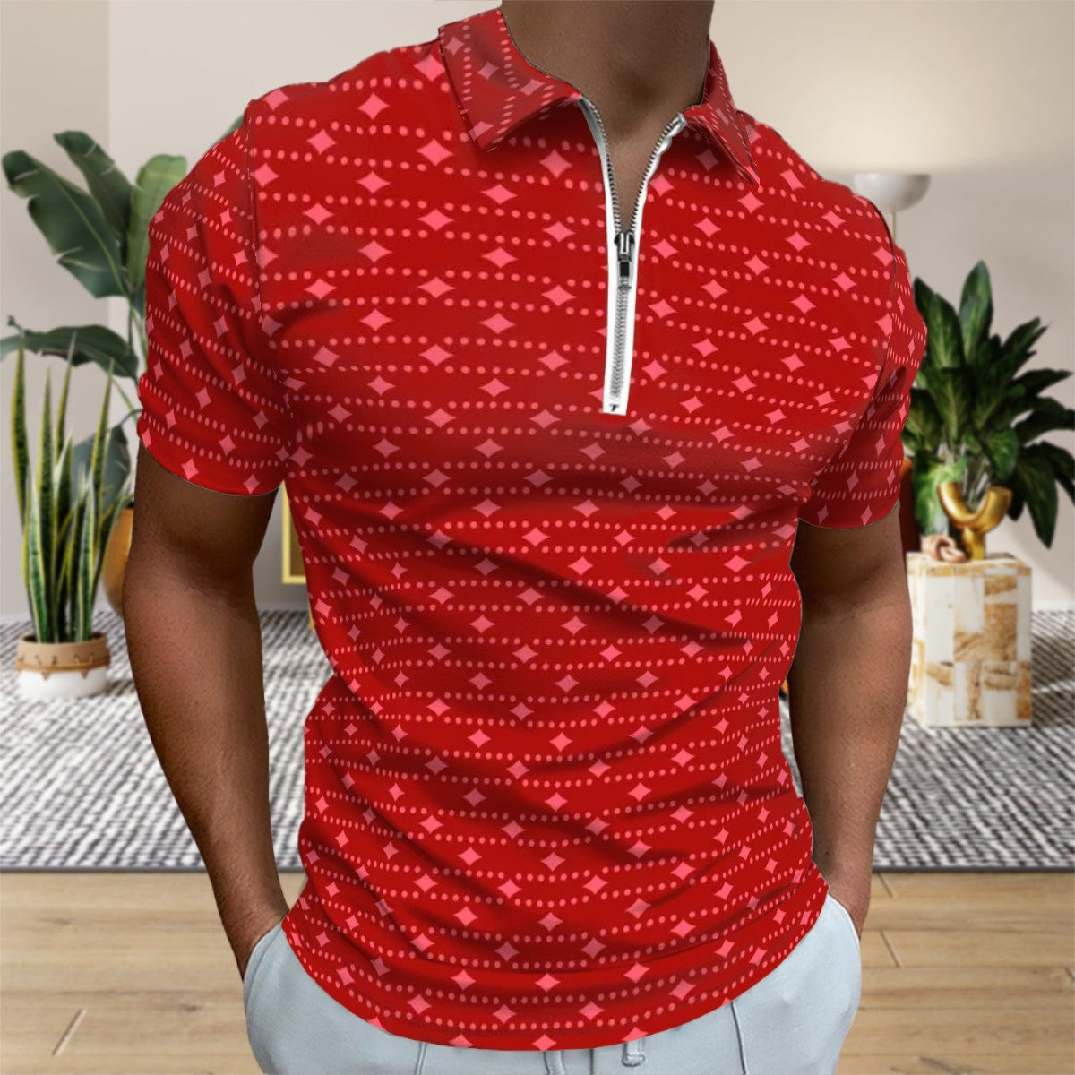 MCM Retro Polo Shirt- Mid Century Geo Design, Slim Fit Zipper Polo for men