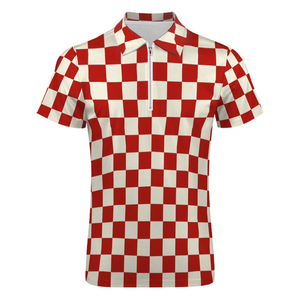 MCM Retro Polo Shirt- Mid Century Checker Design, Slim Fit Zipper Polo for men