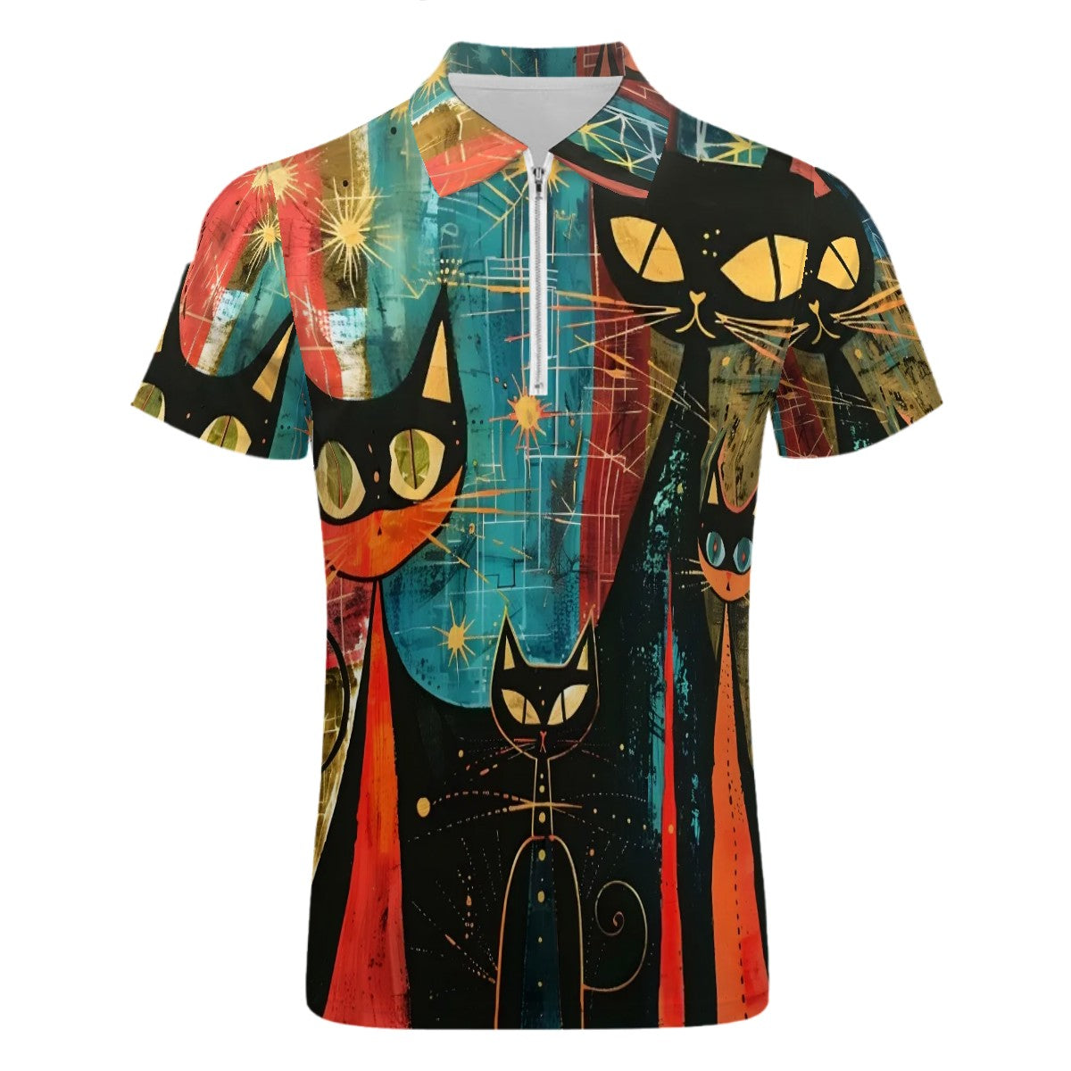 MCM Retro Polo Shirt- Mid Century MID MOD Design, Slim Fit Zipper Polo for men