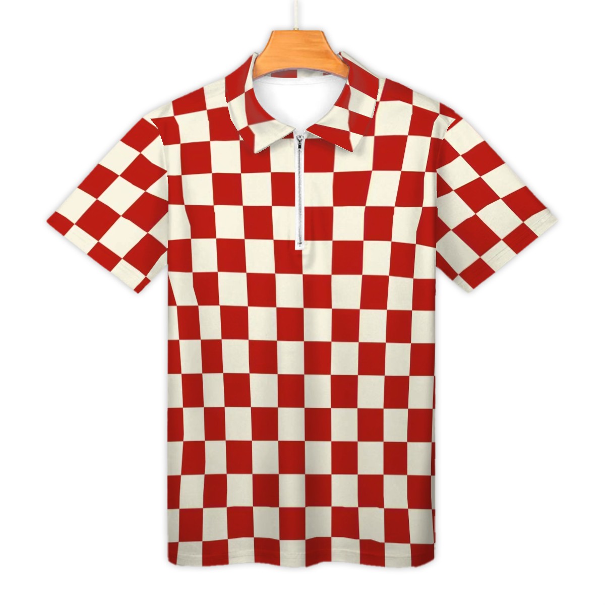 MCM Retro Polo Shirt- Mid Century Checker Design, Slim Fit Zipper Polo for men